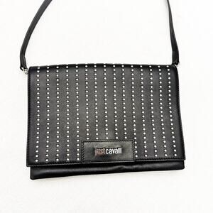Just Cavalli Black Leather Studded Over The Shoulder Crossbody Tote Purse MINT